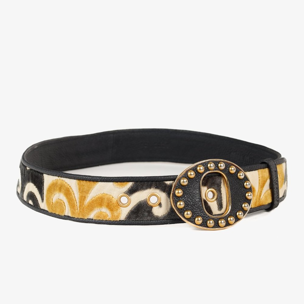 Miu Miu Burn Out Velvet Black Gold Brocade Belt With Gold Studded Buckle, Size S